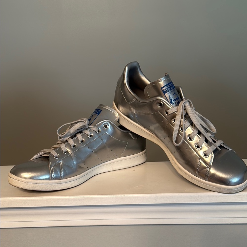 Men’s Adidas Metallic Silver Sneakers with White Accents